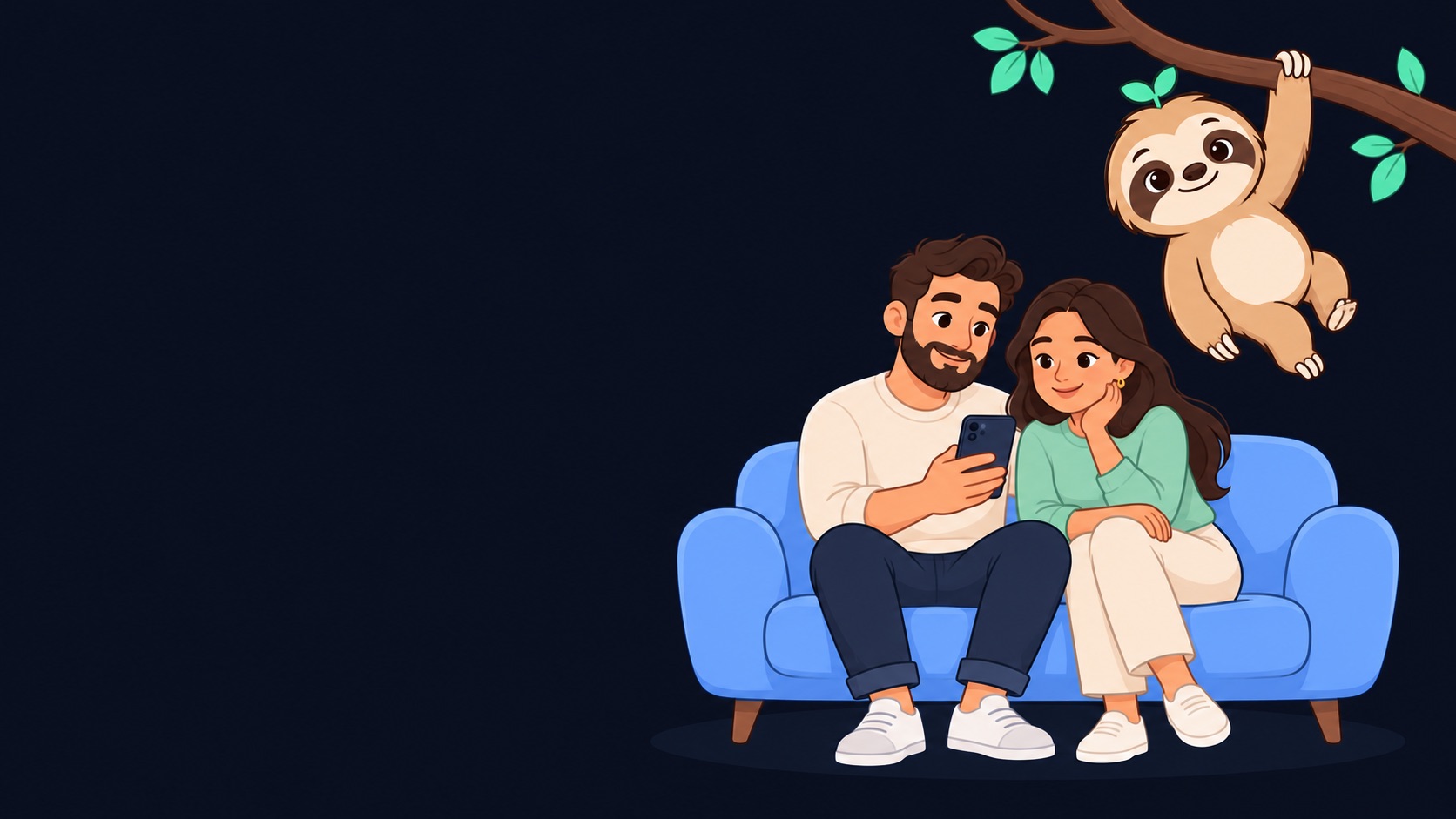 Lento the sloth hangs from a branch above a couple relaxing on a couch, looking at their phone together.